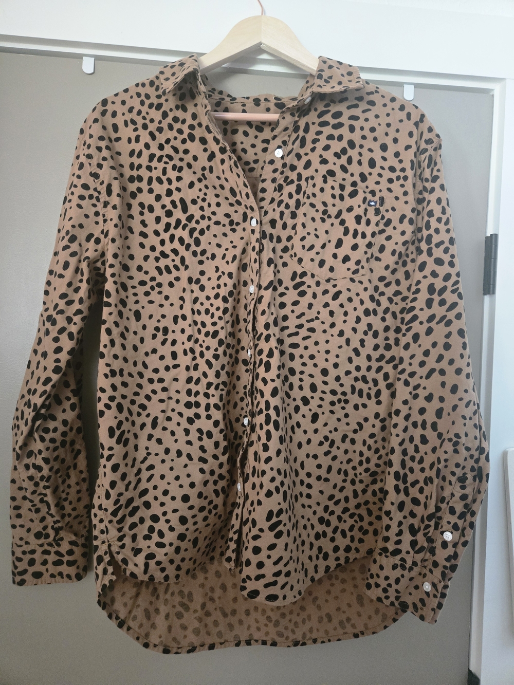 Brown Leopard Print Button-Up Shirt | Cotton Blend | Chest Pocket | Size XL